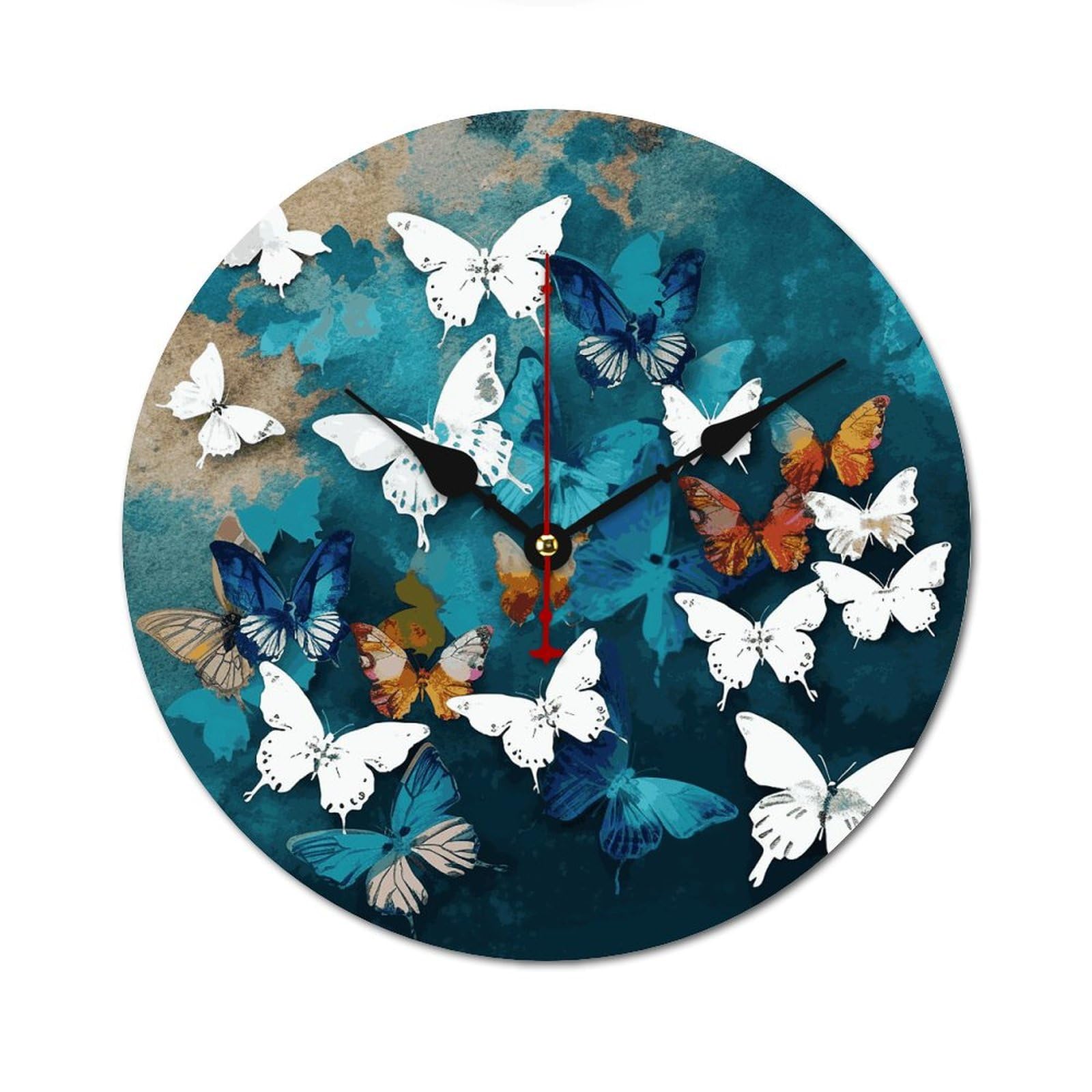 Horloge murale bois design moderne 24 cm sans cadre motif papillons blancs