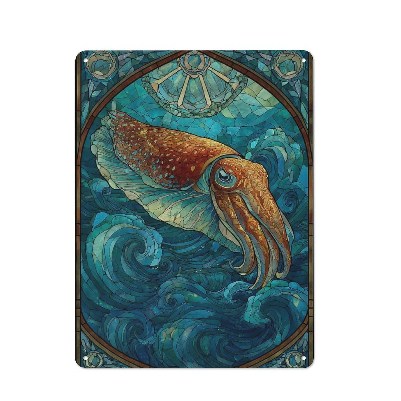 Stained Glass Cuttlefish in Ocean Understated Metal Wall Decor 40x30cm, Decorative Metal Sign for Workspace, Cafe, Shop Or Desk Area