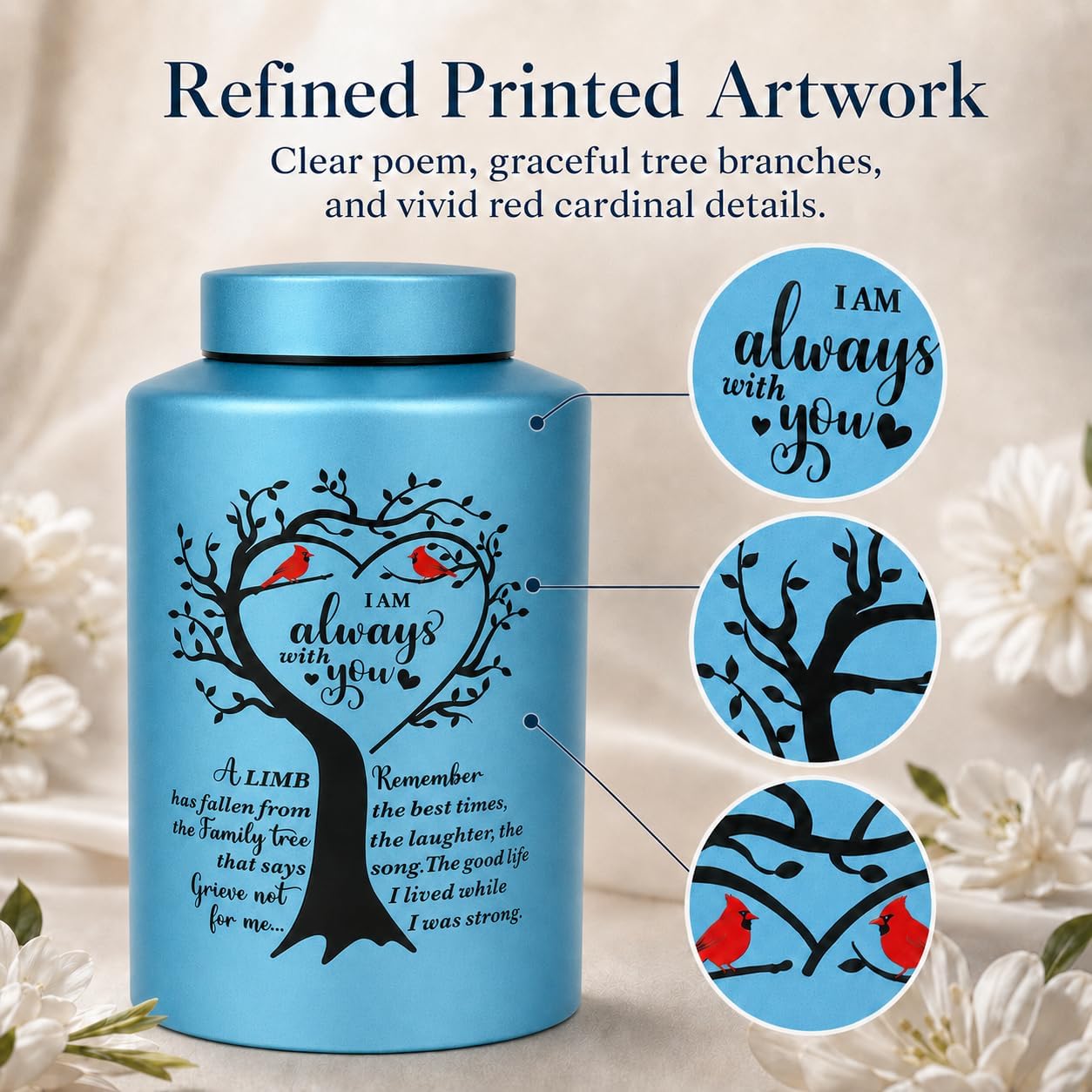 Large Stainless Steel Cremation Urns for Human Ashes Adult Female Man, Urn for Ashes Up to 220 lbs, Decorative Funeral Burial Memorial Urns with Cardinal Bird Design, Blue