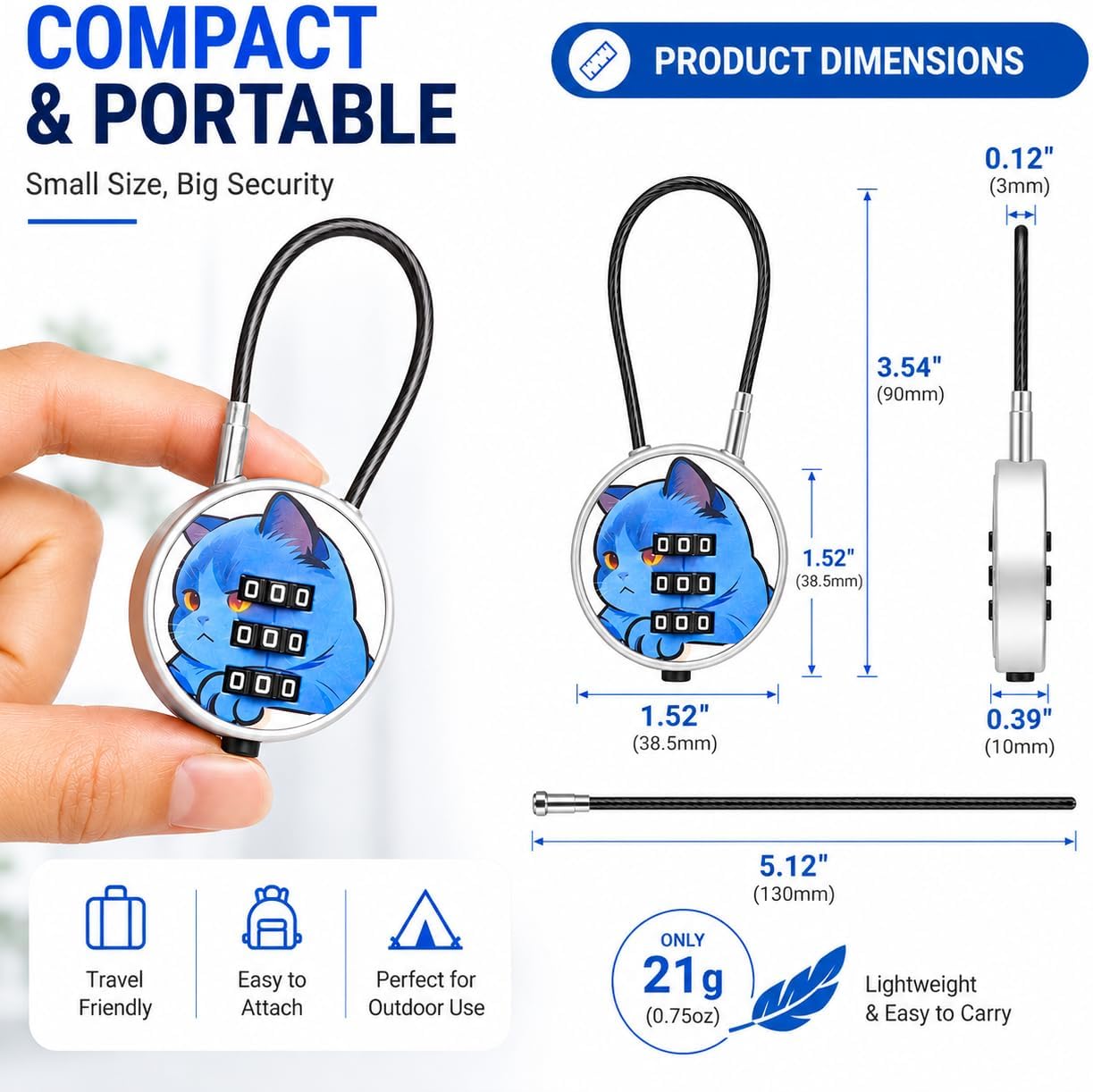 3 Pack Combination Locks - Cable Lock Set with Flexible Braided Steel Cable, One-Press Quick Unlock, Easy Reset, Ideal for Luggage, Backpacks, Lockers & Gym Use