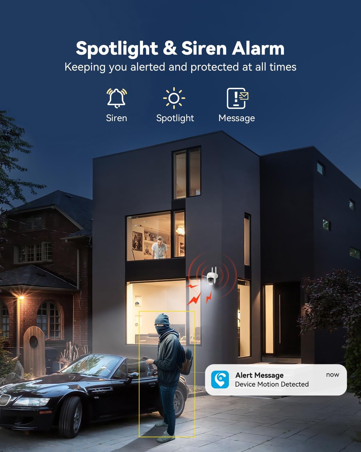 A night scene of a house with a security camera activating a spotlight and siren, and a smartphone displaying an 'Alert Message: Device Motion Detected' notification, illustrating spotlight and siren alarm features.