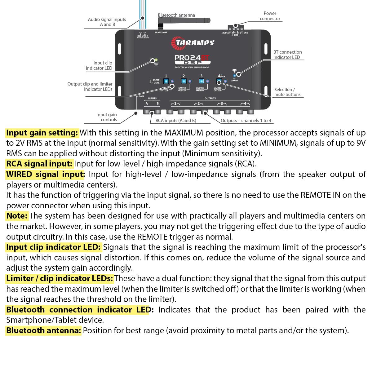Taramps Pro 2.4 BT Bluetooth DSP Crossover Full, procesador de señal digital, ecualizador de audio para automóvil con aplicación, ganancia de hasta 9 V, ecualización gráfica de 15 bandas, 12