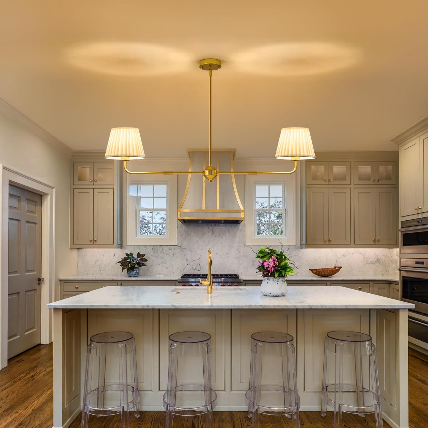 Karjear Gold Linear Chandelier, 43.3" Modern Linear Dining Room Light Fixtures, Double Kitchen Island Lighting with White Fabric Shade for Dining Room Kitchen Restaurant Living Room, LTMM08-2BG