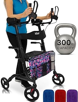 Vive Mobility Upright Walker with Seat, for Seniors, Women - Stand Up Rollator, Arm Rests, Heavy Duty, Folding Medical Aid Scooter for Elderly, Seniors - Walking Foldable Assist (Black, Floral Bag)