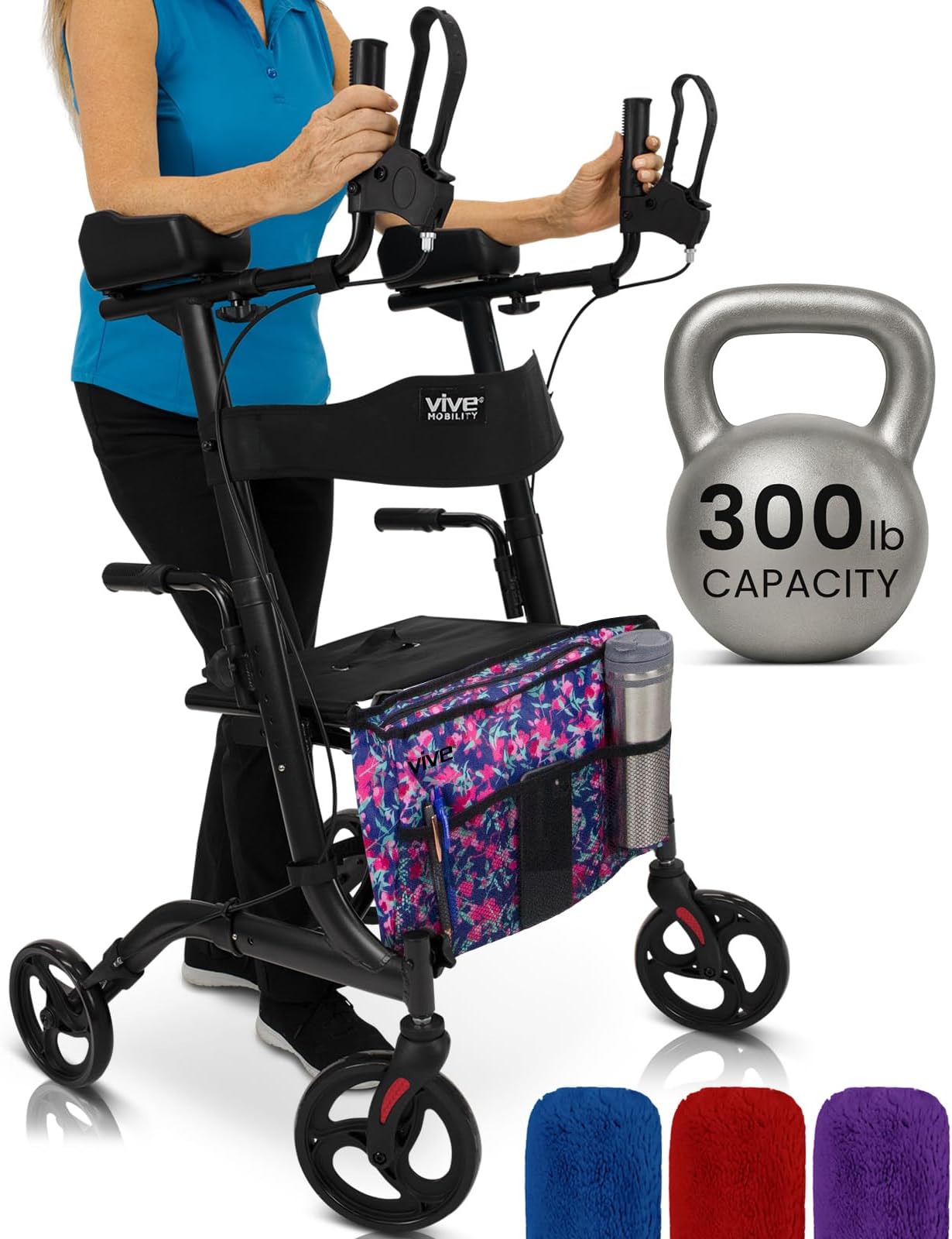 Vive Mobility Upright Walker with Seat, for Seniors, Women - Stand Up Rollator, Arm Rests, Heavy Duty, Folding Medical Aid Scooter for Elderly, Seniors - Walking Foldable Assist (Black, Floral Bag)