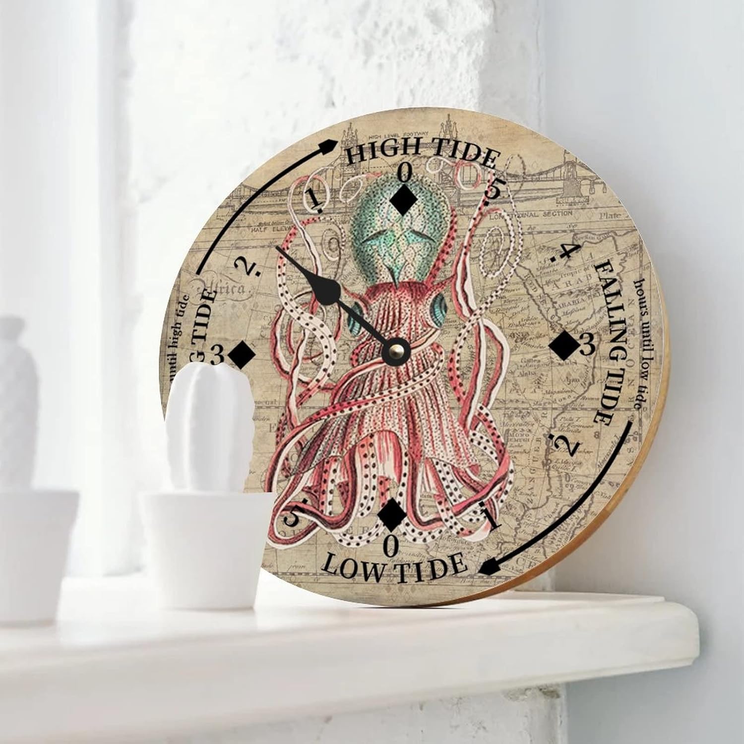 Rustic Wood Tide Clock Retro Ocean Octopus Tidal Clock Moon Clock Silent Non-Ticking Battery Operated Wooden Wall Clock for Living Room Bedroom Cottage Beach Boat Home Decor 12 Inch