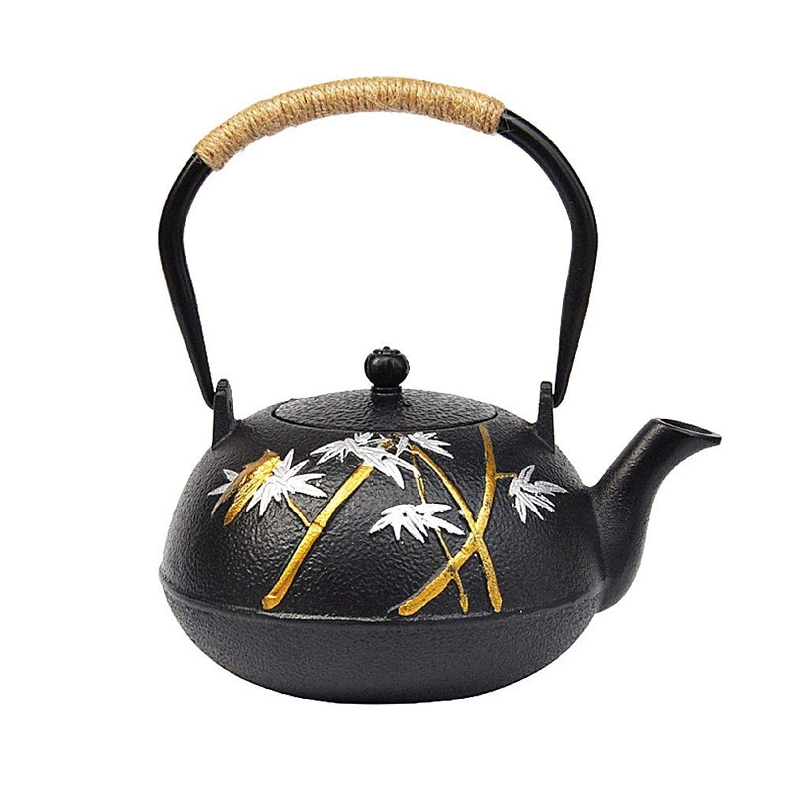 JTKDL Japanese-style Tea Kettle Cast Iron Teapot with Stainless Steel Infuser Cast Iron Kettle with Hemp Rope Handle 1.2L Bamboo Pattern
