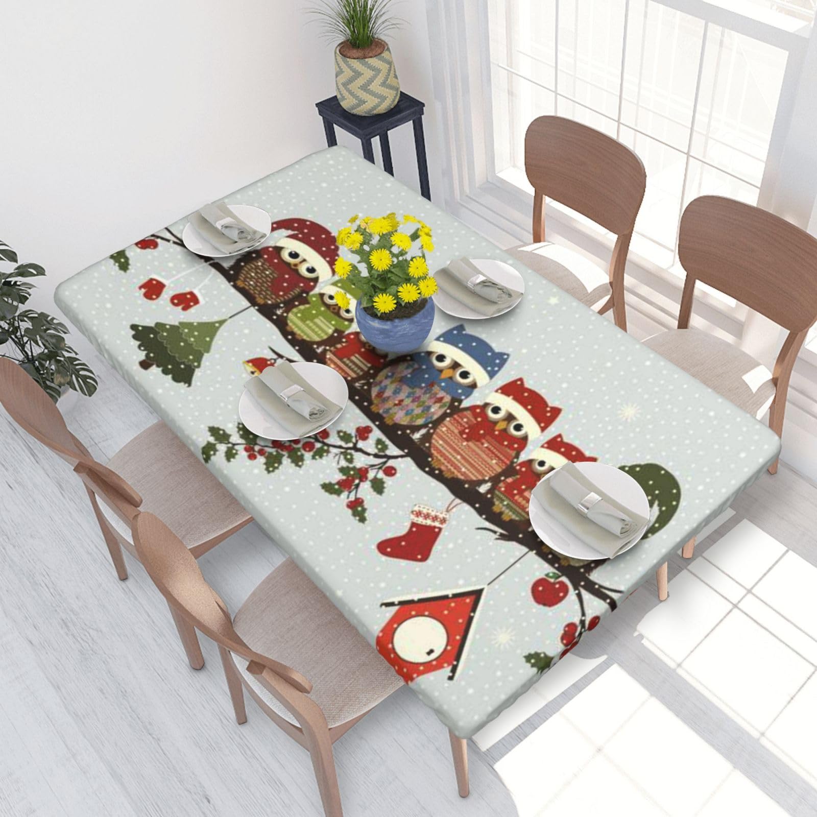 BNVSADC Cute Christmas Owls on Branch Printed 4FT Tablecloth 122x76 CM Polyester Kitchen Water Resistant Table Cloth Dining Table Decoration Table Covers