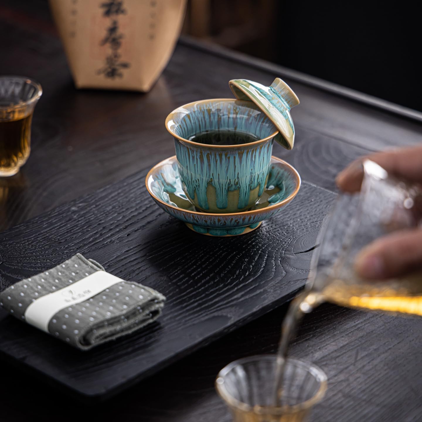 Temmoku Glaze Kiln‑Changed Gaiwan Tea Bowl, Sancai Porcelain Gaiwan