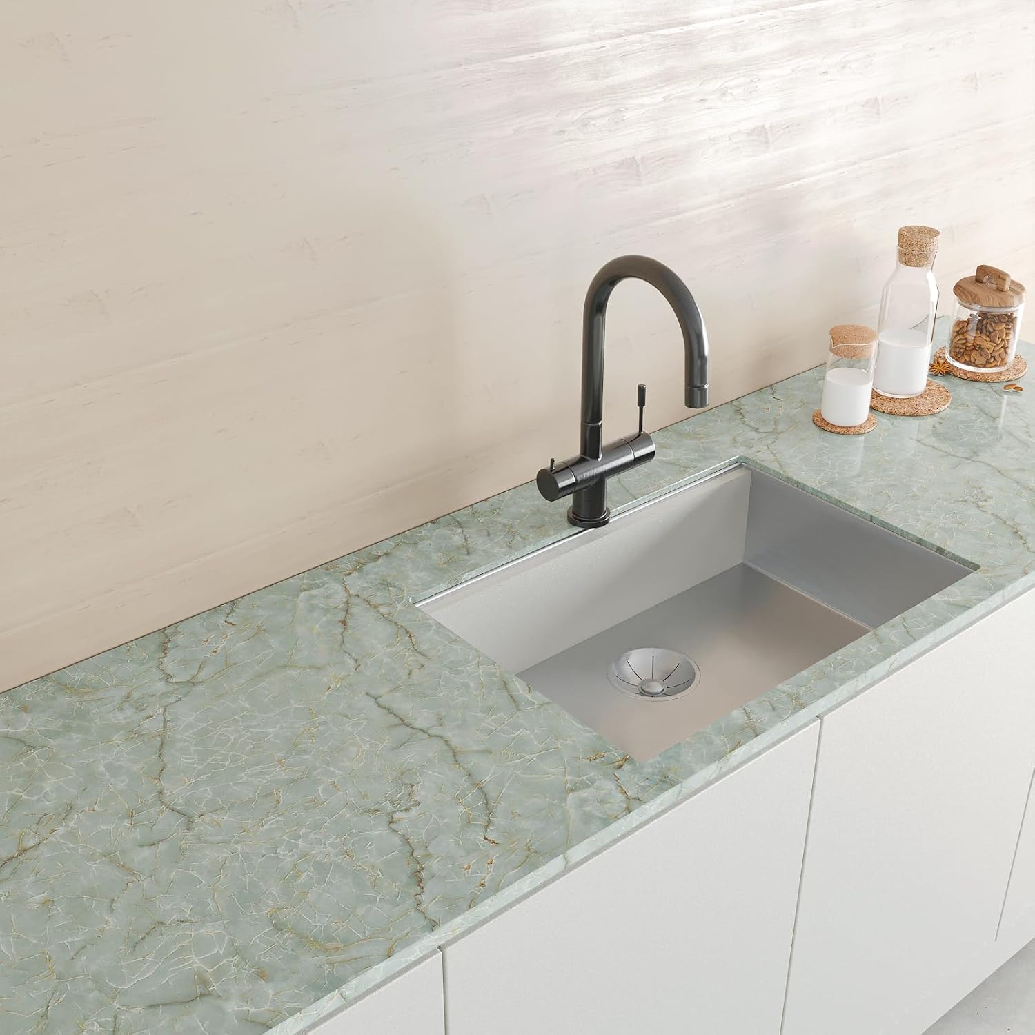 CHIHUT Pale Jade Green Glossy Marble Countertop Contact Paper Peel and Stick Waterproof Self Adhesive Marble Wallpaper 12"x472" Renter Friendly Kitchen Vinyl Wrap for Cabinets Counter Top Covers