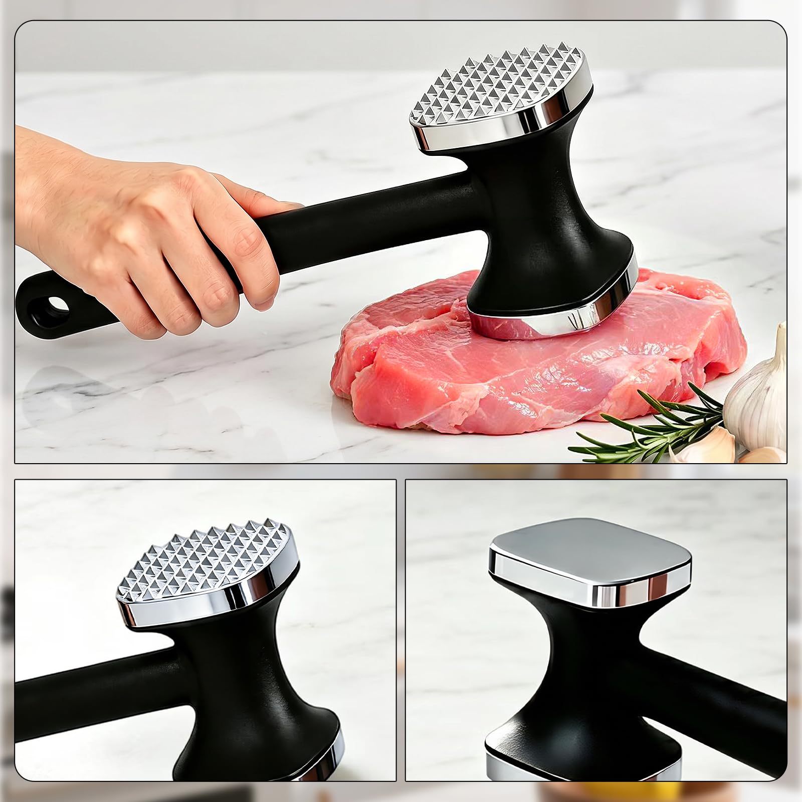 Fleischklopfer aus Edelstahl, Doppelseitiger Schnitzelklopfer Fleischhammer mit Rutschfestem Griff, Spülmaschinenfest, für Schnitzel, Steak, Koteletts, Hähnchen und Schweinefleisch, Silber