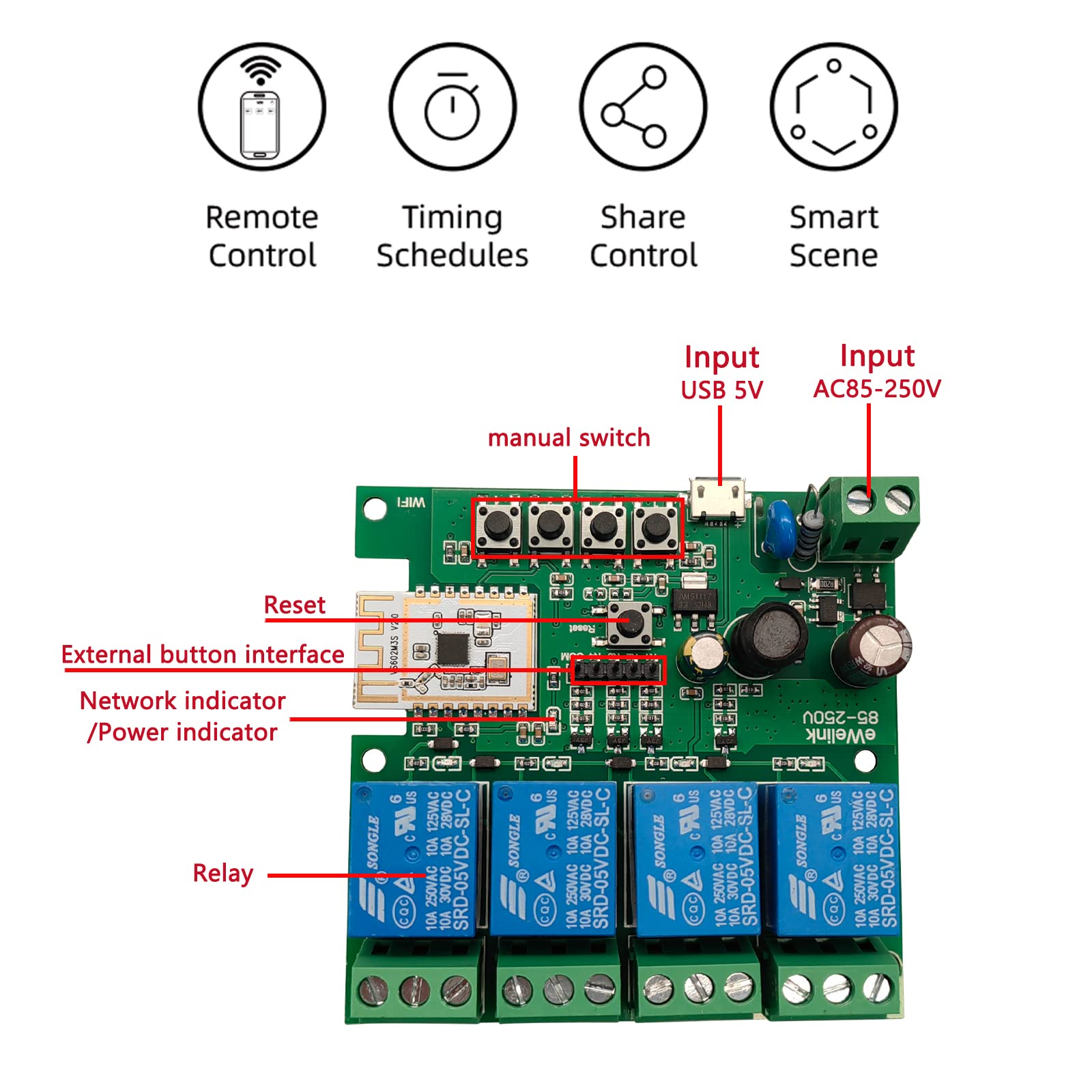 Modulo interruttore relè Smart WiFi a 4 canali USB 5V/AC85V-250V, supporto controllo Bluetooth, telecomando app eWeLink, per Alexa Google Home