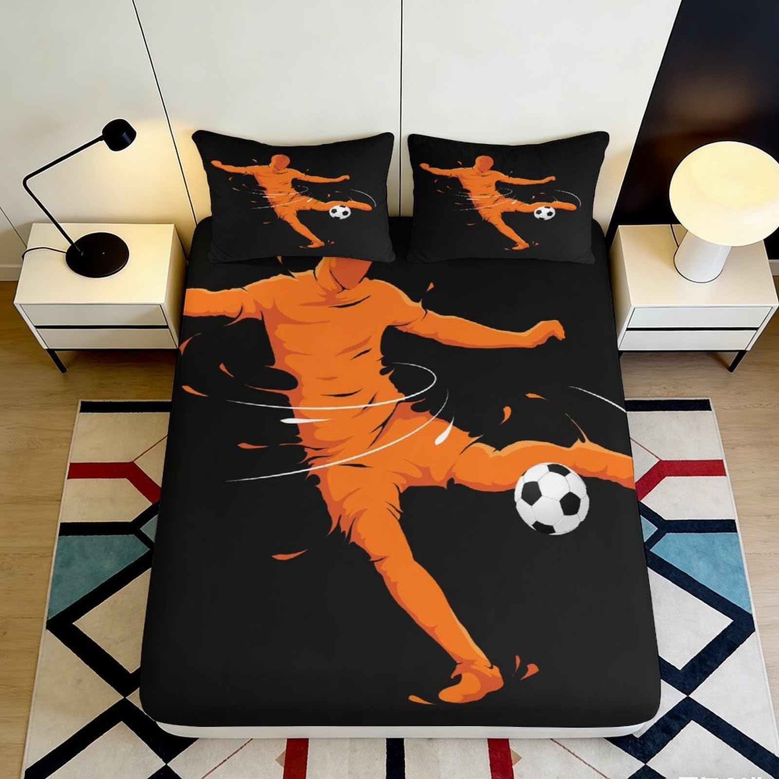 3D Printed Footballer Fitted Sheet Microfiber Deep Pocket Full Wrap Soccer Mattress Fitted Cover Non-Slip Washable Bedding 140x200x25cm