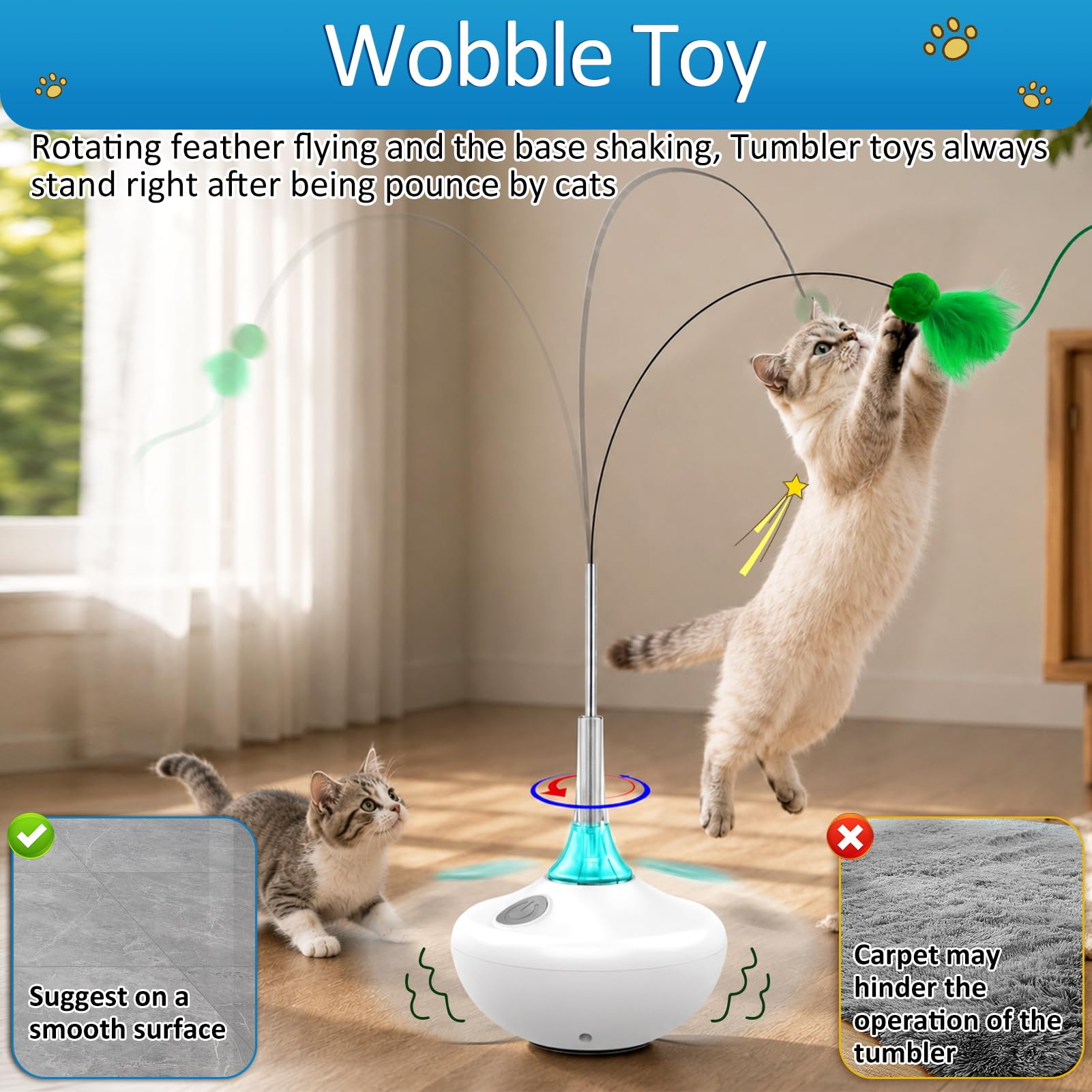 Juguete interactivo para gatos con activación táctil, cintas voladoras de giro automático, juguetes de plumas para gatos de interior, varita de palo de 26 pulgadas, recargable