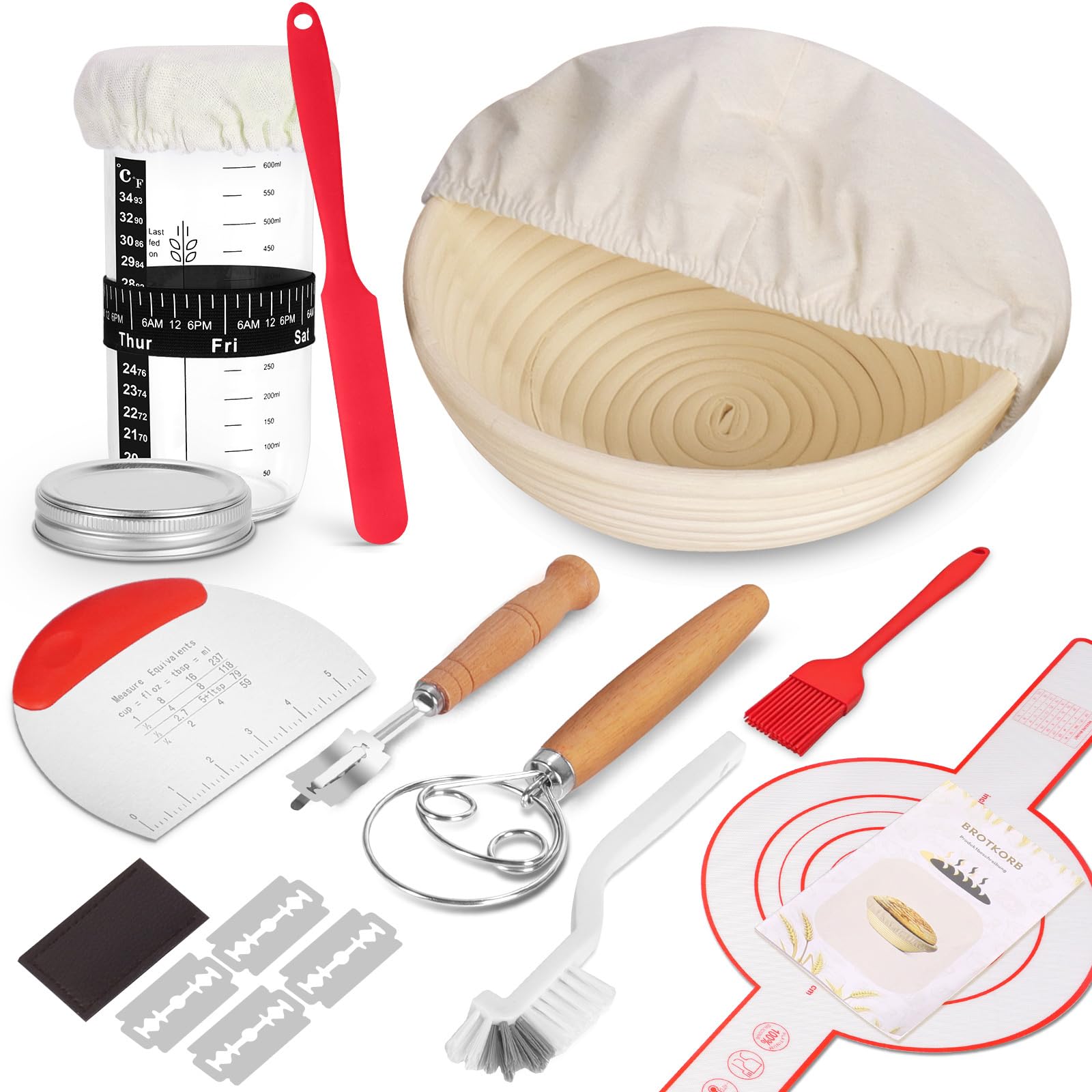 SHANNA GäRköRbchen, Sauerteig Starter Set, 9pcs Brot Backen ZubehöR, GäRkorb Rund, Sauerteig Starterglas, Brot Backen Startver Set, Inkl Teigschaber, TeigrüHrer, BäCkermesser