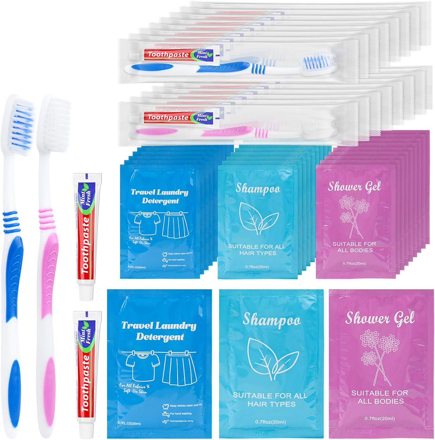 twoworld Disposable Toothbrushes with Toothpaste 10 Grams Individually Wrapped,0.7Floz Travel Size Shampoo,Body Wash and Liquid Laundry Detergent Bulk Hygiene Kits for Homeless Air Bnb Charity 10