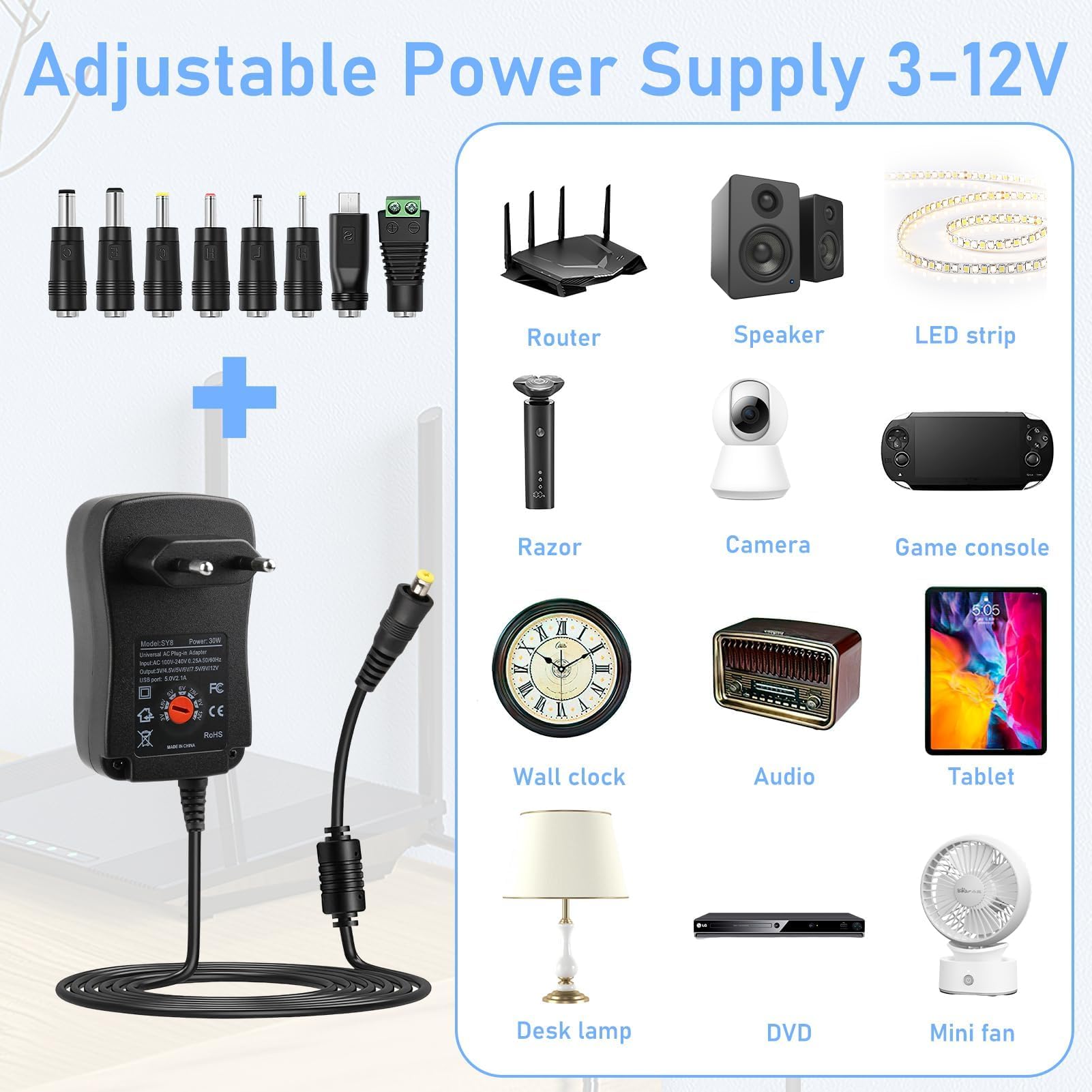 30W Adaptador Universal de 3V 4.5V 5V 6V 7.5V 9V 12V 2A AC/DC, Cargador Universal 30W 12V, 8 Puntas para Adaptador Corriente 30W Universal, Fuente-Adaptadora con Voltaje Múltiple para Router LCD — view 7