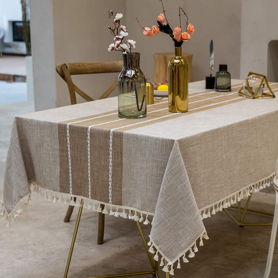 TEWENE Tablecloth, Rectangle Table Cloth Cotton Linen Wrinkle Free Anti-Fading EmbroideryTablecloths Dust-Proof Table Cover for Dining (Rectangle/Oblong, 55''x120'',10-12 Seats, Light Coffee)