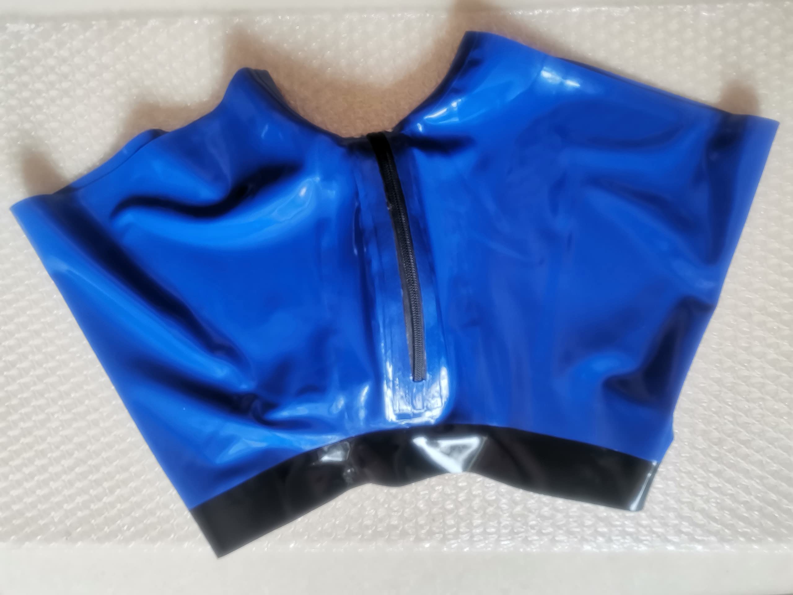 MFMYEE Herren Blauer Reißverschluss handgemachte Nähte Latex Fetisch exotische Herrenunterwäsche Unterwäsche Latex Shorts