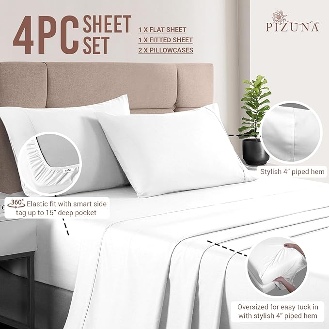Pizuna 400 Thread Count Cotton California King Size Sheet Set White