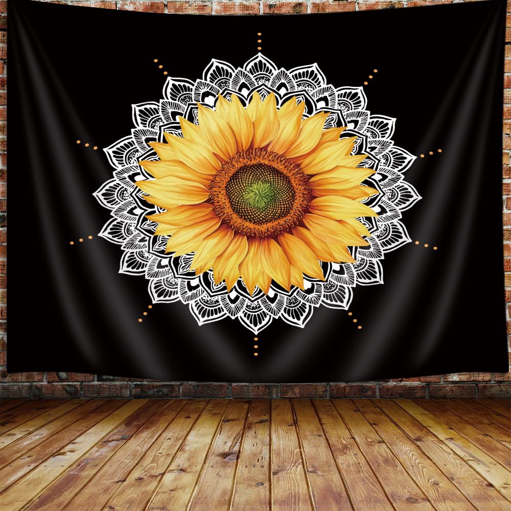 JAWO Mandala Sunflower Tapestry, Trippy Yellow Floral Flower on Black, Bedroom, Living Room, Office, Dorm Decor (60" W X 40" H)