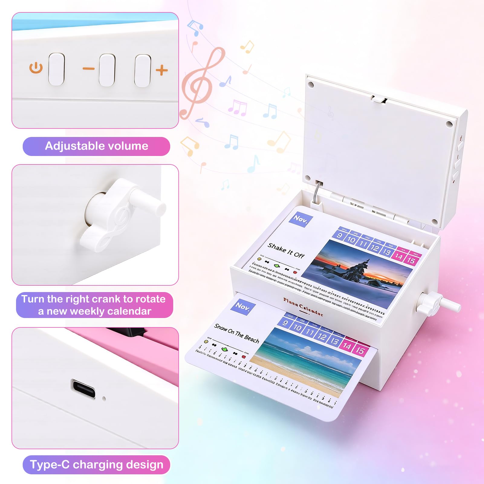 Gugxiom Calendario da tavolo 2026, pianoforte giocabile, 2026, con 52 settimane, fogli da 27 carte, mini calendario 3D con musica per Natale, regalo di compleanno (bianco)