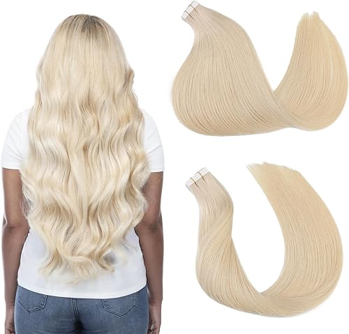 Tape in Hair Extensions Real Human Hair, Silky Straight Remy Hair Seamless Skin 