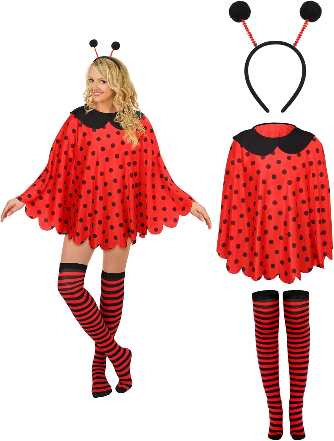 Eurzom 3 Pcs Halloween Ladybug Costume Set Women Ladybug Antenna Headband Polka Cape Striped over The Knee Stockings for Women Girls Halloween Dress Cosplay Party Accessories