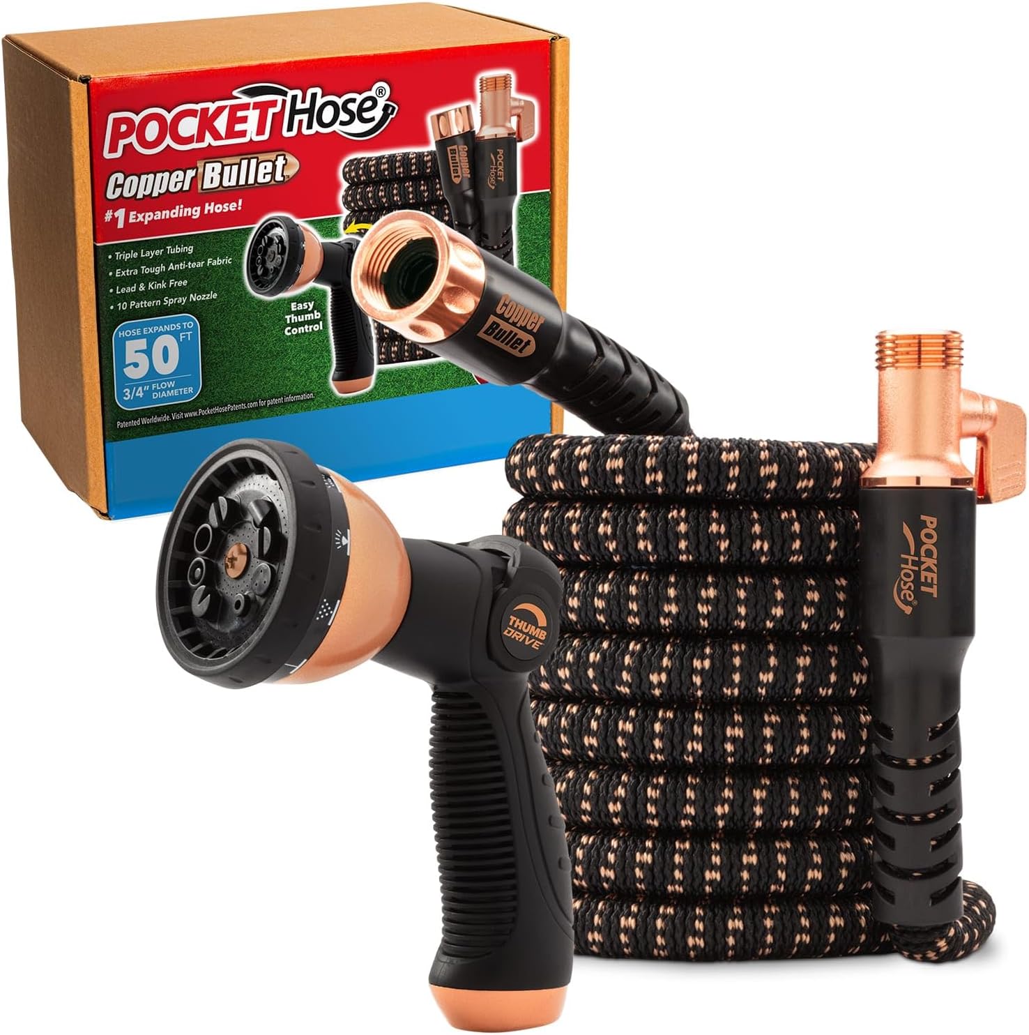 50 FT Copper Bullet Hose, 10-Pattern, 650psi | Easy thumb control, anti-burst up to 650 PSI, copper-infused, lead-free, drinking water-safe, no-kink, ultra-lightweight