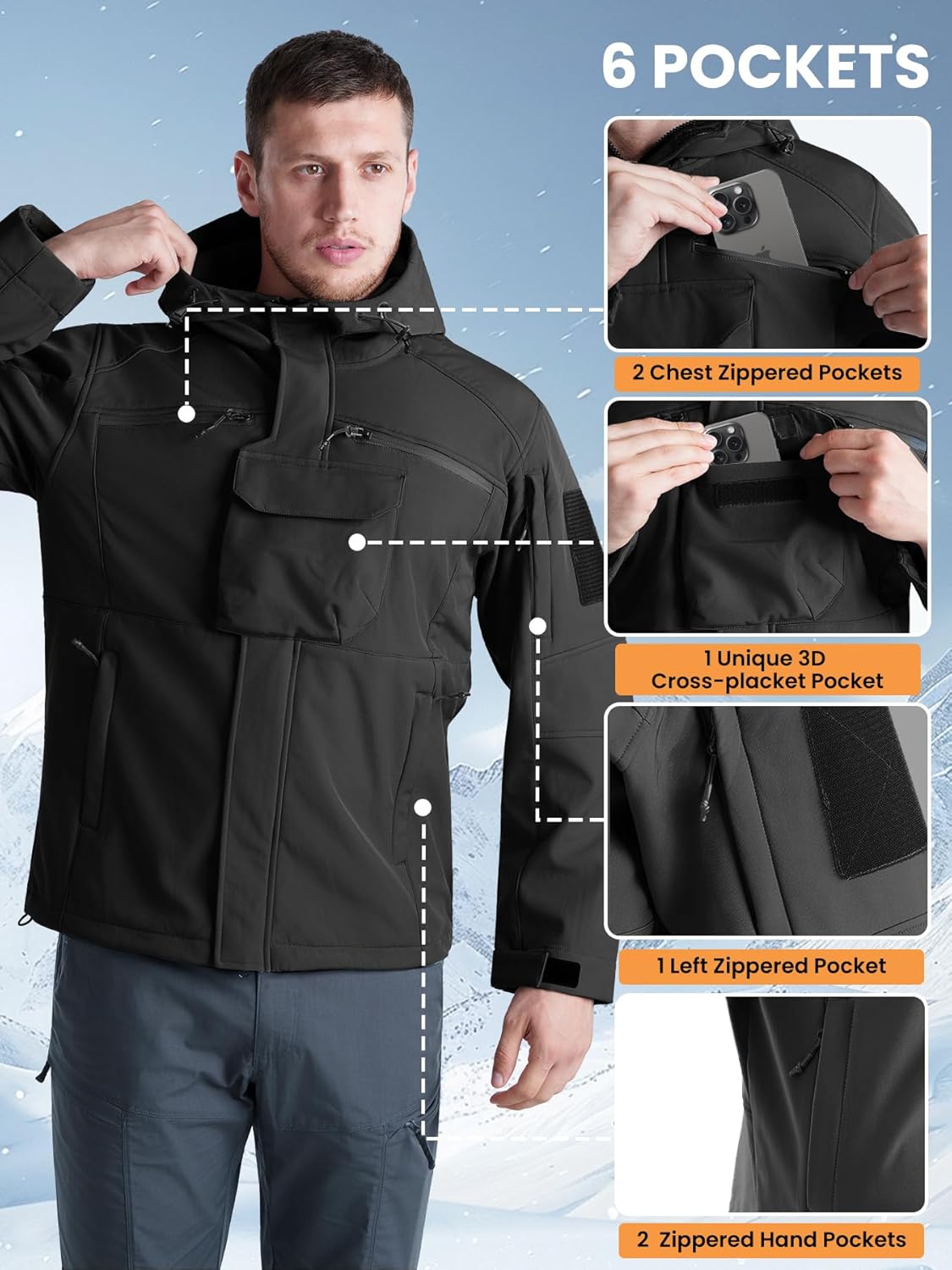 Men's Tactical Fleece Lined Jacket Hooded Waterproof Ski Jacket 6 Pockets Windproof Windbreaker Outdoor Coats