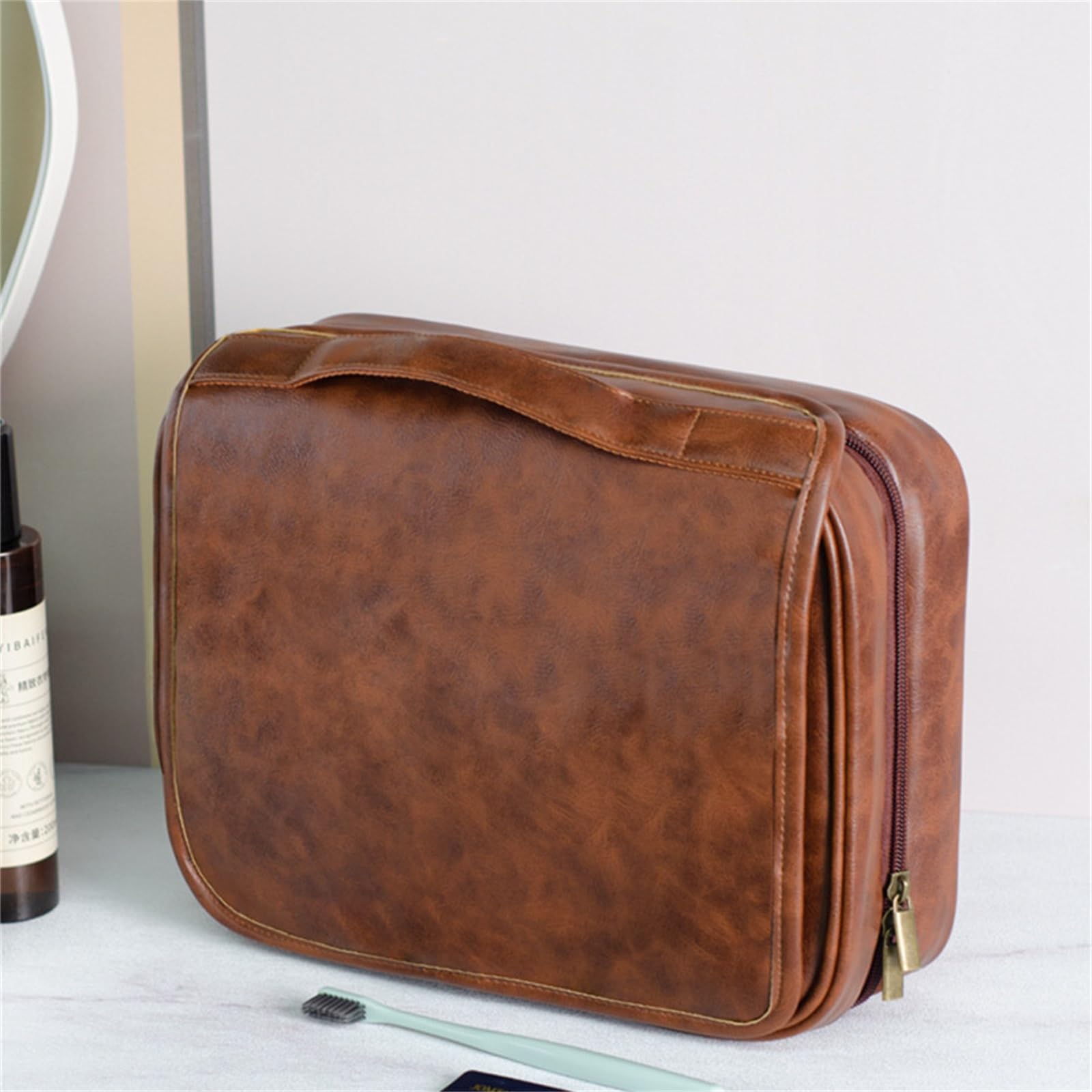 Borsa da Toilette da Appendere Borsa da viaggio in pelle PU da uomo, grande capacità, impermeabile, for cosmetici(Reddish brown)