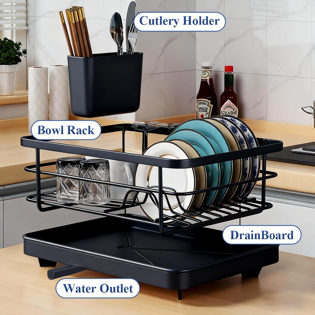 Grand égouttoir à vaisselle noir avec porte-ustensiles et égouttoir – Égouttoir à vaisselle peu encombrant pour comptoir de cuisine.