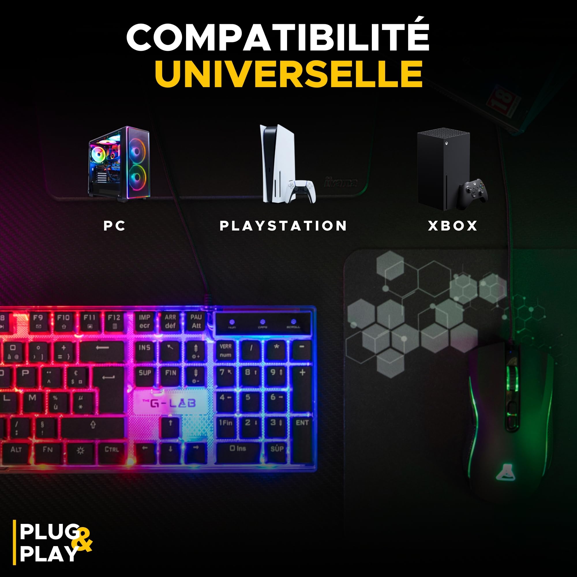THE G-LAB - Combo Yttrium - Pack Gaming Azerty RGB, Clavier Gamer 105 Touches Et 19 Touches Anti-ghosting - Souris Gamer 2400 Dpi - Tapis De Souris Gaming - Pc Ps4 Ps5 - New
