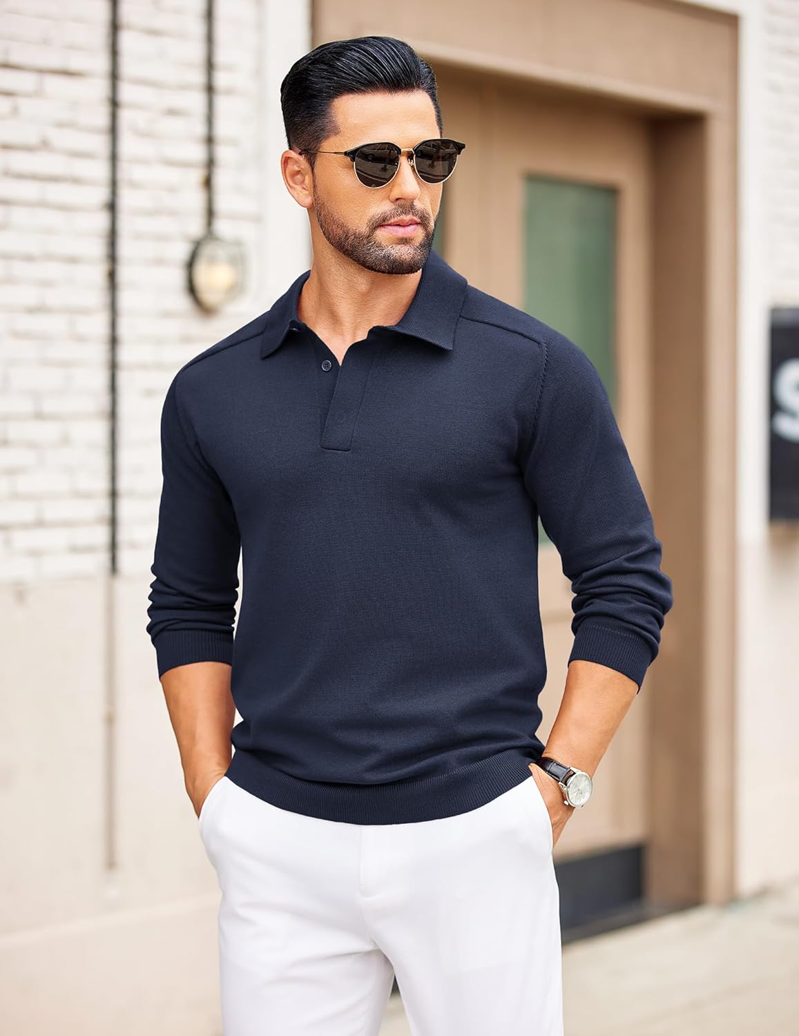 COOFANDY Mens Knit Polo Sweater Long Sleeve Polo Collared Sweaters Hidden Button Casual Pullover Sweater - Image 2