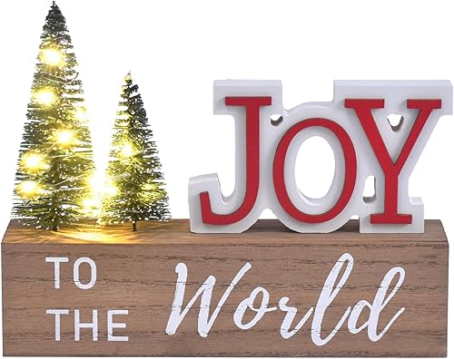 Decoración de Navidad para el Hogar, JOY para El Mundo Letrero de Mesa de Navidad de Madera con Árboles LED, Estante Rústico, Chimenea, Decoración