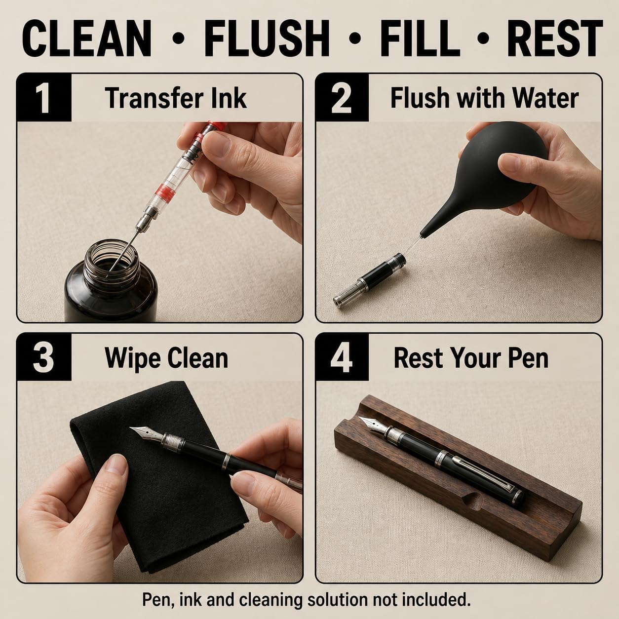 Fountain Pen Cleaning Kit with Black Walnut Pen Rest, 2 Ink Filling Tools, Premium Cleaning Cloth and Rubber Cleaning Bulb, Fountain Pen Maintenance Set for Flushing, Filling and Daily Pen Care image 5
