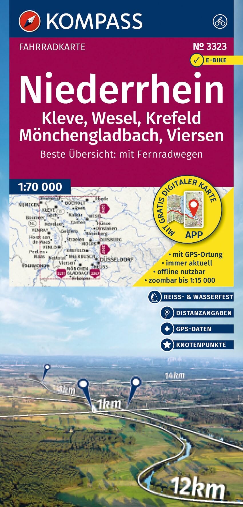 KOMPASS Fahrradkarte 3323 Niederrhein, Kleve, Wesel, Krefeld, Mönchengladbach, Viersen mit Knotenpunkten 1:70.000: reiß- und wetterfest