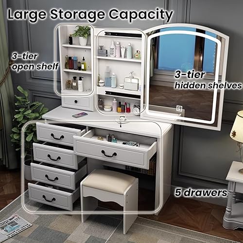 Miniatura 2 de Escritorio de tocador con espejo y luces, escritorio de maquillaje con espejo iluminado deslizante, escritorio de maquillaje de espejo estrecho con