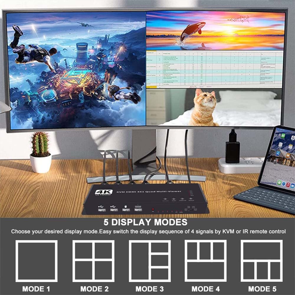 Etzin 4 Ports Quad KVM HDMI-Compatible Multiviewer 4K 4 in 1 Out