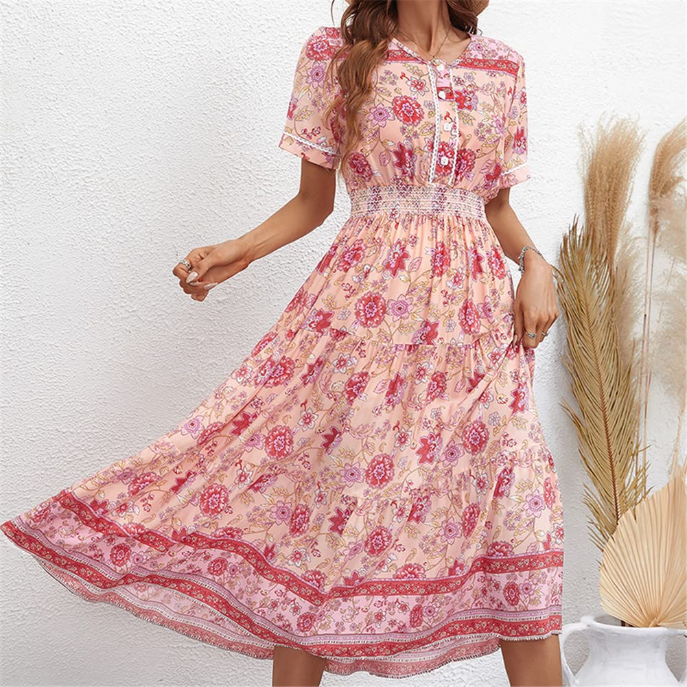 Vsadsau Vestido bohemio para mujer, estampado floral, vestido de playa para mujer, casual, manga larga, cuello en V, vestido midi acampanado