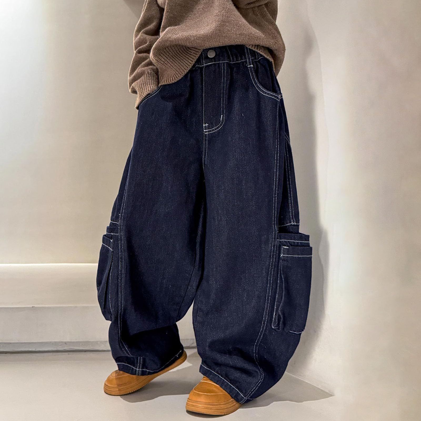 Pantalones Vaqueros Cargo para niños Grandes, de Invierno, con Forro Polar, de Pierna Ancha, Informales y cálidos, para Clima frío.#g