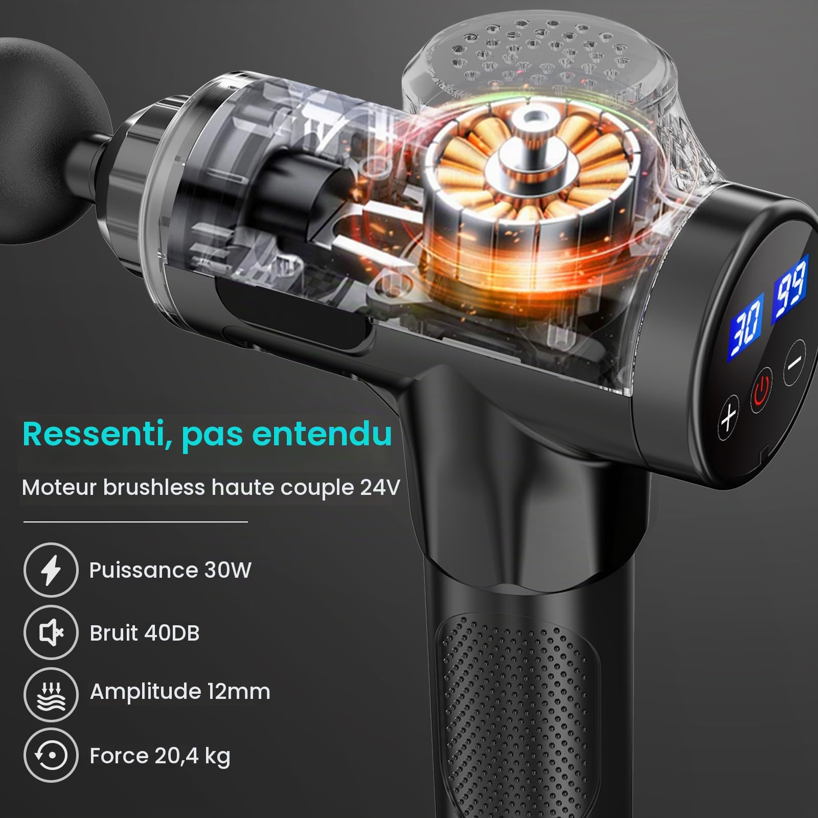Pistolet de Massage Musculaire, ANSGEC 30 Vitesses et 10 Têtes de Massage, Massage Gun de Muscle Profonds avec l'Écran LCD, Utilisé Pour Soulager la Fatigue Musculaires