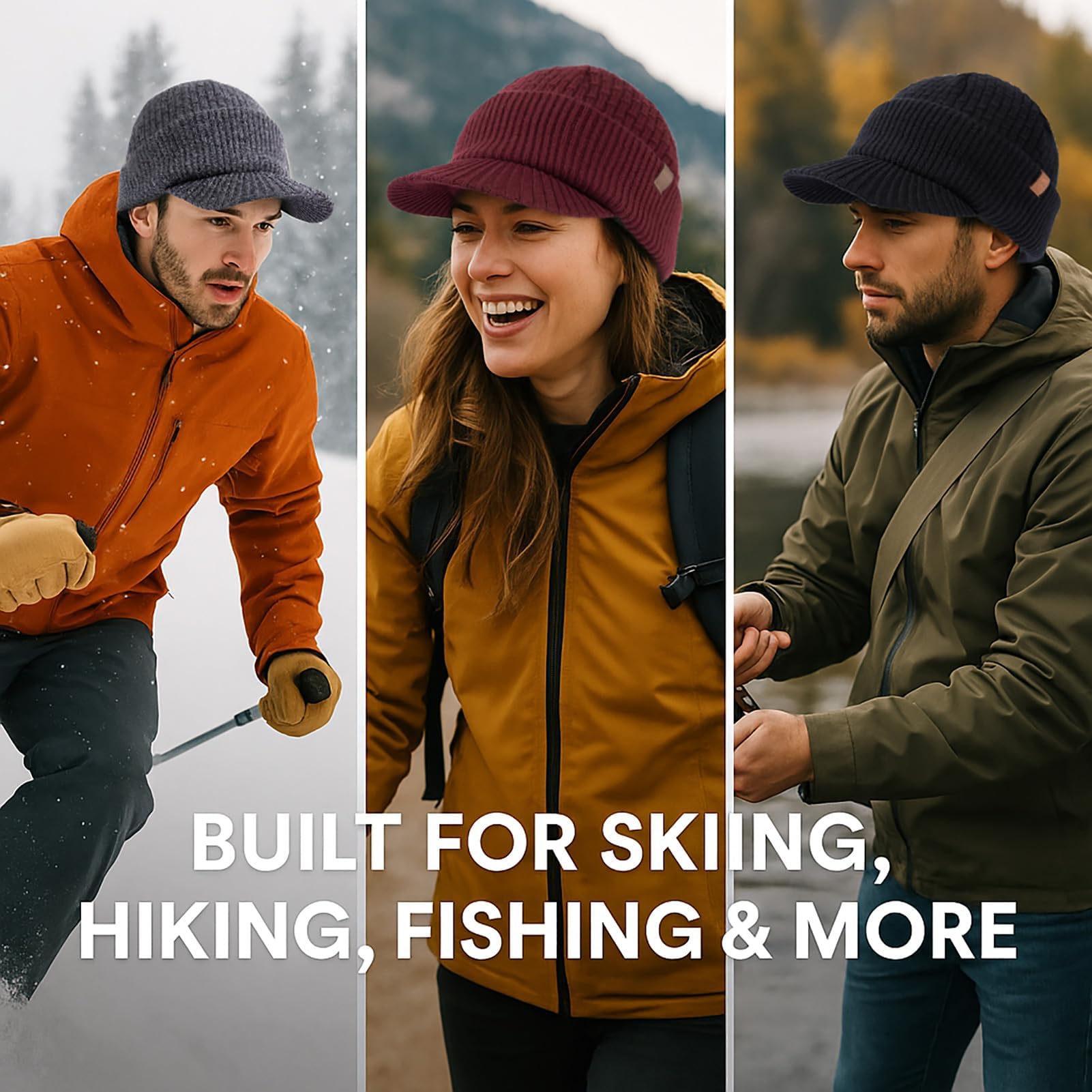 TOP-EX PolarWool™ 50% lana merino con pico para hombre y mujer con forro polar, visera térmica de invierno para clima frío, M-XXL