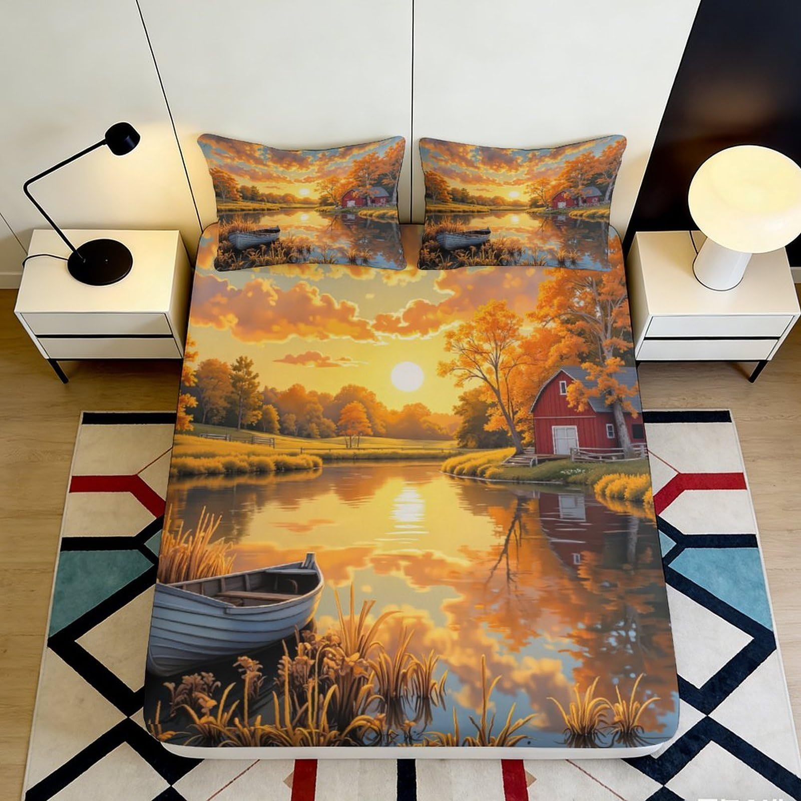3D Printed Pastoral Landscape Fitted Sheet Microfiber Deep Pocket Non-Slip Scenic Mattress Fitted Cover Bedroom for Adults 90x200x25cm