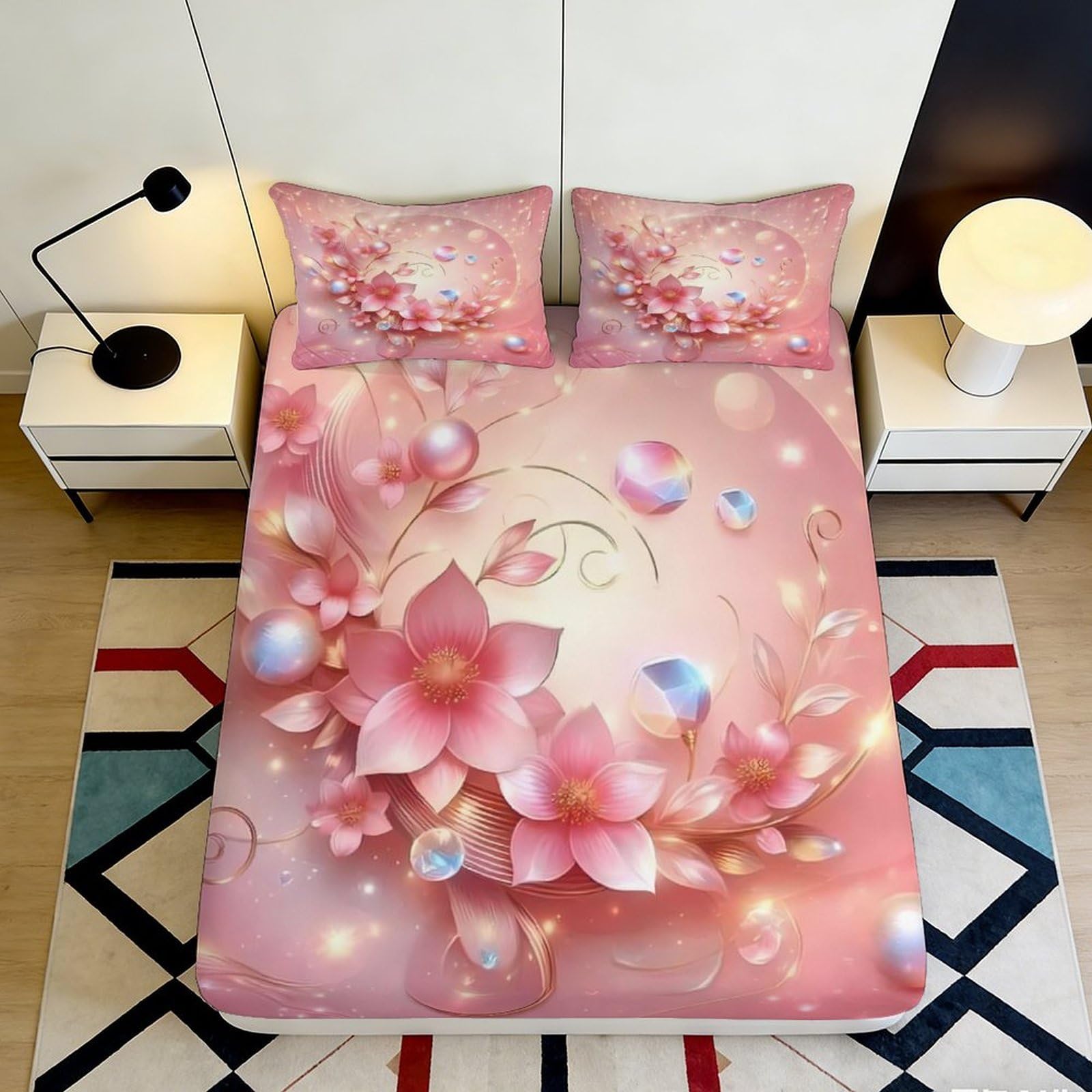 3D Printed Pink Blossom Fitted Sheet Microfiber Soft Floral Dream Mattress Cover for Bedroom Decor Dustproof Easy Care 90x200x25cm