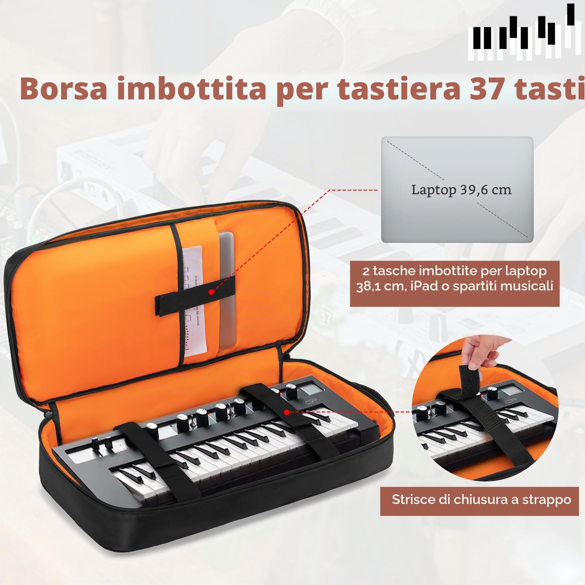 Rexmica Zaino Portatile per Tastiere Pianoforte 37 Tasti, 28,5 x 10 x 56 cm | Borsa Protettiva per Controller MIDI, Custodia per Pianola 37 Tasti, Laptop, Microfoni e Cavi
