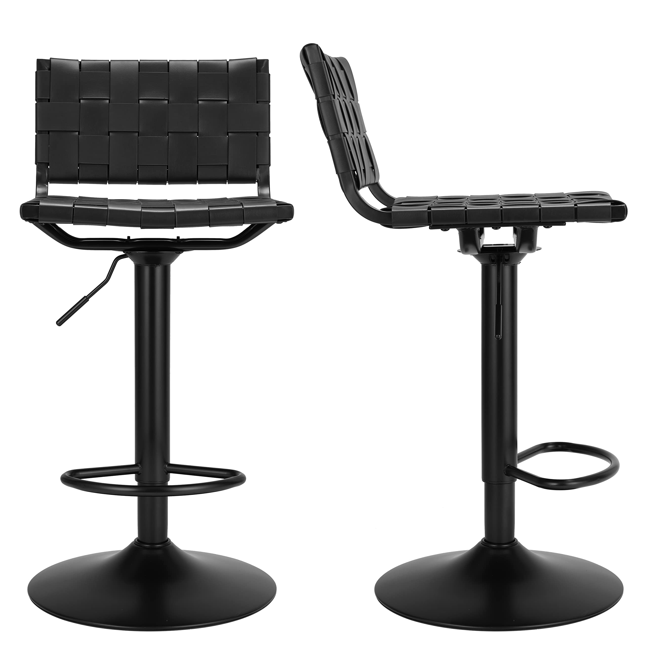 Finnhomy Bar Stools Modern Woven Leather, Set of 2 Counter Height Swivel Barstools with Footrest and L Shape Back, Adjustable Height Kitchen Bar Chairs, Black