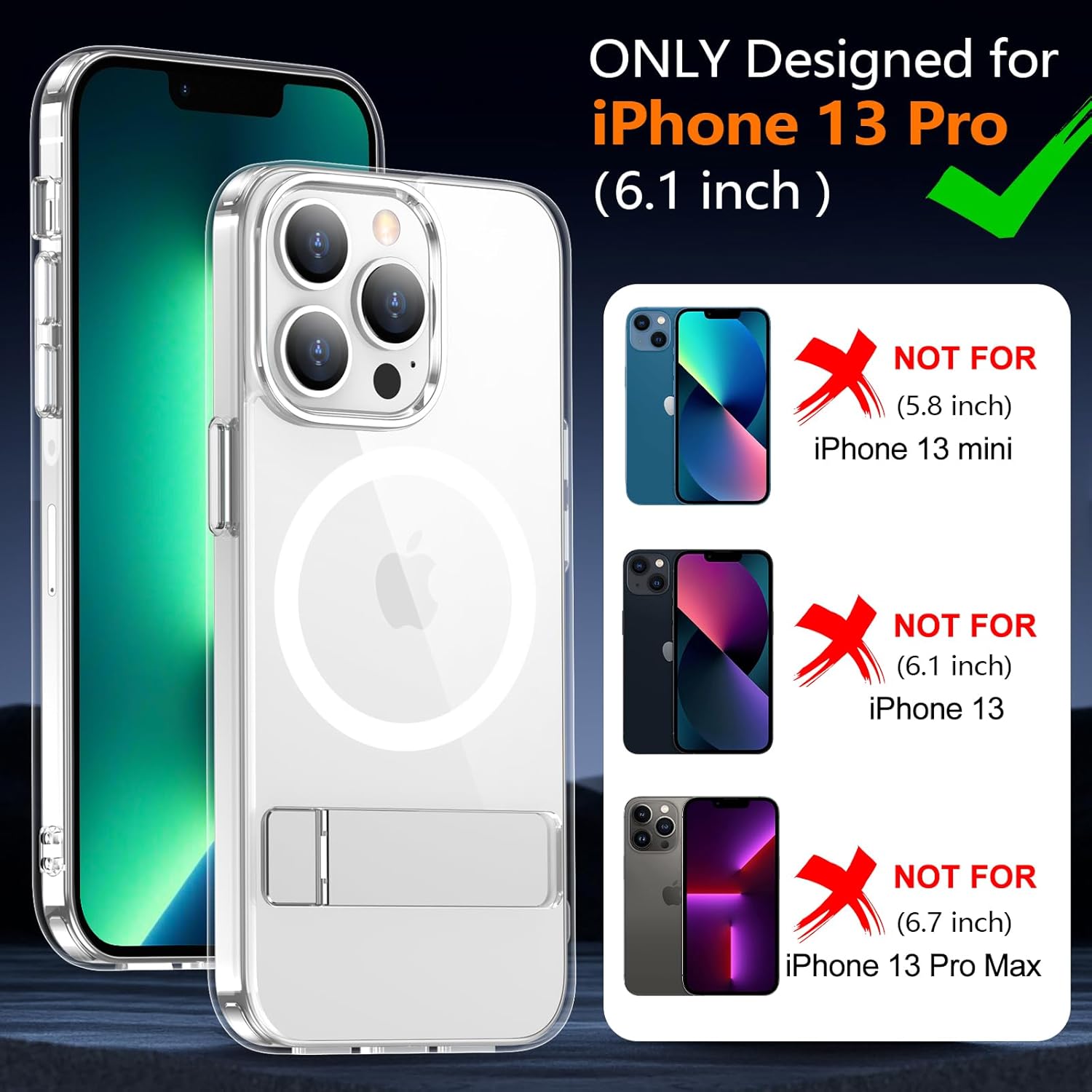 xiwxi for iPhone 13 Pro Case with Kickstand,[Compatible with Magsafe][1*Screen Protector],Military-Grade Protection & Anti-Yellowing,Magnetic Phone Case for iPhone 13 Pro,Clear - Image 2