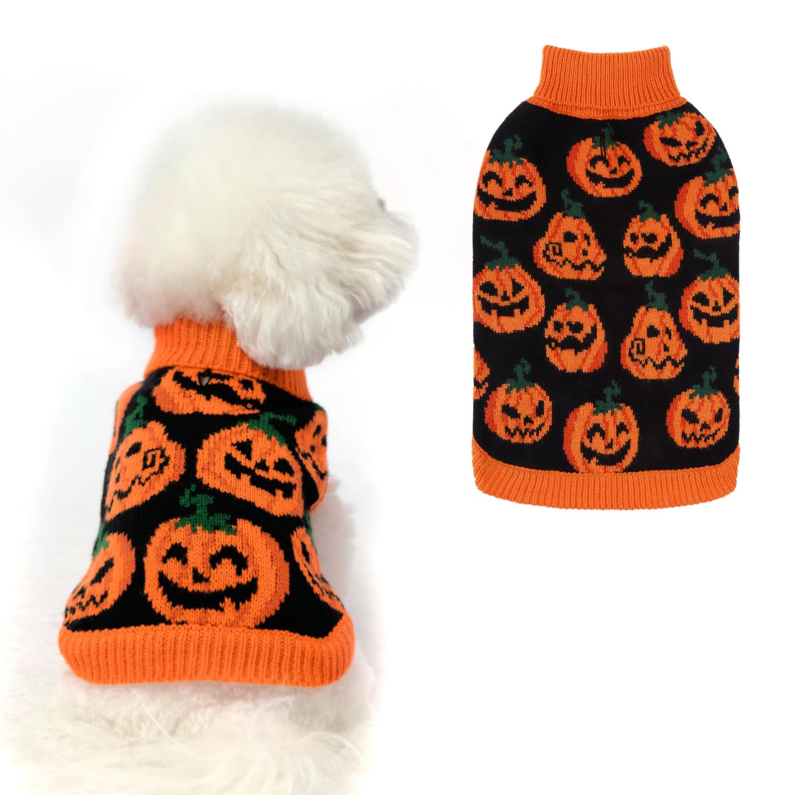 EXPAWLORER Halloween Sweater - Pumpkin Fall Holiday Apparel With Leash Hole, Warm Turtleneck Clothes for Small Medium Large Dogs Cats, Orange S