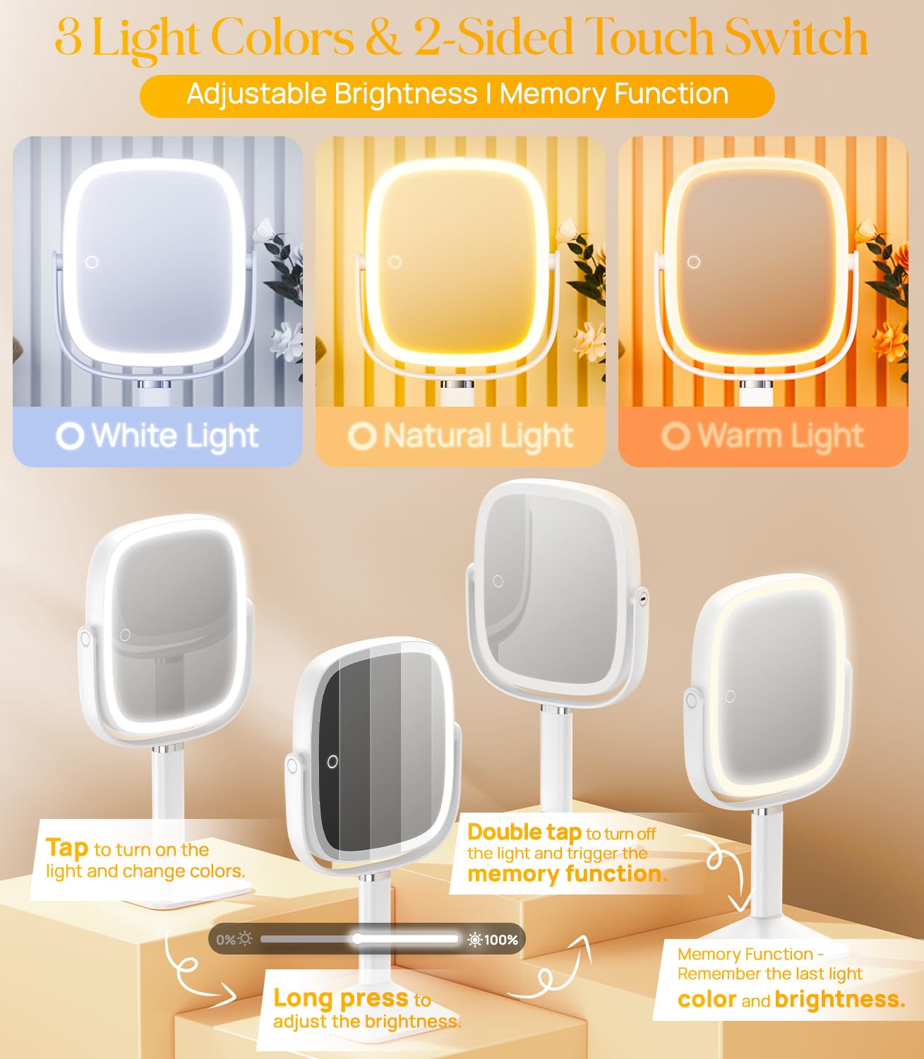 Gospire Miroir De Maquillage Lumineux De 17,8 Cm Avec Grossissement X10 1x Hauteur Reglable Et 3 Lumieres De Couleur A Intensite Variable Pivotant A 360deg Eclairage Double Face Rechargeable A Del Arg